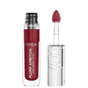 L’Oreal Paris Plump Ambition Hyaluron Lip Oil, 24 HR Lip Gloss with Hyaluronic Acid, Volumizing Formula with Glass-Like Shine, Berry Jolie 490, 0.16 Fl Oz