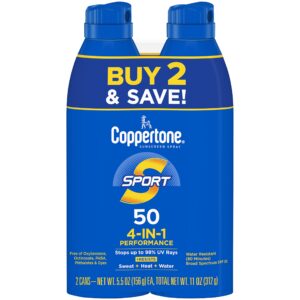 Coppertone Sport Sunscreen Spray SPF 50, Water Resistant Spray Sunscreen Pack, 5.5 Oz, Pack of 2 (Packaging May Vary)