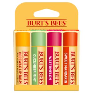 Burt’s Bees Lip Balm – Original Beeswax, Cucumber Mint, Watermelon & Sweet Mandarin, With Responsibly Sourced Beeswax, Tint-Free, Natural Origin Treatment, 4 Tubes, 0.15 oz.