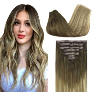 GOO GOO Clip in Hair Extensions Real Human Hair, Remy Human Hair Extensions Clip ins for Women, Natural Human Hair, 14inch 110g 7Pcs, 3/8/613 Balayage Walnut Brown to Ash Brown and Bleach Blonde