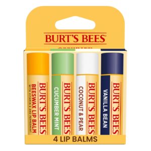 Burt’s Bees Lip Balm – Beeswax, Cucumber Mint, Coconut & Pear, and Vanilla Bean Pack, With Responsibly Sourced Beeswax, Tint-Free, Natural Origin Lip Treatment, 4 Tubes, 0.15 oz.