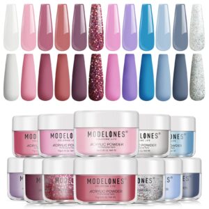 Modelones Acrylic Powder-12 Colors Pink Blue Glitter Acrylic Nail Powder>Summer Nail Acrylic Nail Powder for 3D Nail Art Nails Extension French Nail> Beginner Friendly> No Nail Lamp Needed