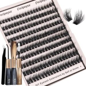 Focipeysa Fluffy Lash Clusters Kit Thick Lashes Extensions Kit Volume Eyelash Extensions DIY Lash Extension with Lash Glue Lash Bond and Seal 10-16mm CD Curl Cluster Eyelashes DIY for Lash Beginners