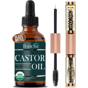 Live Fraiche Organic Castor Oil for Face (2oz) + FREE Filled Mascara Tube, 100% Pure USDA Eyebrow Eyelash Growth Serum, Cold Pressed, Hexane Free Hair Lash Serum