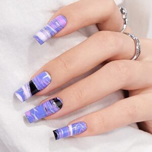 Press On Nails Long – BTArtbox Square Fake Nails with Nail Glue, Fit Perfectly & Natural Reusable False Nails Full Cover in 15 Sizes – 30 PCS Soft Gel Glue On Nails Kit, Purple Wave