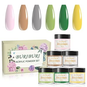 BURIBURI Acrylic Powder Set> 6 Colors Acrylic Nail Powder Pink Green Yellow Pigmented Colored Acrylic Powder for Nail Extension Nail DIY Art No Nail Lamp Needed (ZJF-6-1)