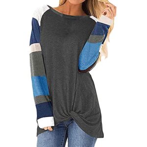 Womens Color Block Long Sleeve T Shirt Loose Round Neck Tee Shirts Fashion Striped Raglan Pullover Blouse Tops Dark Gray