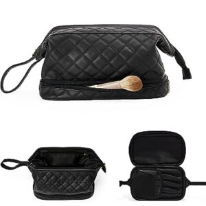 EACHY Makeup Organizer Bag with Bottom Compartment, Large Capacity PU Leather Cosmetic Bag for Women, Waterproof Portable Make Up Brush Bag, Especially for traveling(D-Black,Medium)