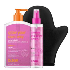 b.tan Best Clear Self Tan Gel & Face Spray Kit | Glow Your Own Way + Mist Bundle – Dark, 1 Hour Express, Transfer-Resistant Fake Tanner Gel with Gradual Tan Facial Mist, with Body Mitt Applicator
