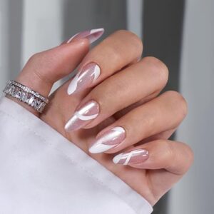 BTArtbox Press on Nails Almond, White Cat Eye French Tip Press on Nails for Gifts, Light Weight Nail Tips Medium, Fake Nails, Glue on Nails in 15 Sizes – 30 Nail Kit, White in Star