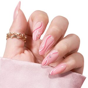 Press On Nails Medium – Perfect Fit Press On Nails Almond Made by Soft Gel, BTArtbox Pink Swirl Glue On Nails with Nail Glue, Reusable Stick On Nails, 15 Sizes, 30Pcs Fake Nails Kit, Pink Candy