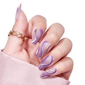 Press On Nails Medium – BTArtbox Perfect Fit Press On Nails Almond Made by Soft Gel, Purple Swirl Glue On Nails with Nail Glue, Reusable Stick On Nails, 15 Sizes, 30Pcs Fake Nails Kit, Purple Galaxy