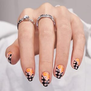 BTArtbox Press On Nails Short – Halloween Press On Nails Oval Fake Nails with Nail Glue, Fit Perfectly & Natural False Nails in 15 Sizes Soft Gel Glue On Nails Kit, Waves Chess