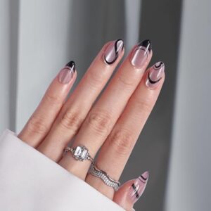 BTArtbox Press on Nails Almond, Designed Swirl French Tip Press on Nails, Light Weight Nail Tips Medium, Fake Nails for New Years Gift, Glue on Nails in 16 Sizes – 32 Nail Kit, Black in Star