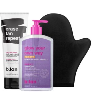 b.tan Clear Self Tanning Gel & Exfoliating Kit | Next Level + Erase Tan Repeat Bundle – 1 Hour Express, Transfer-Resistant Ultra Dark Fake Tanner, 2-in-1 Exfoliator Scrub & Body Wash with Mitt