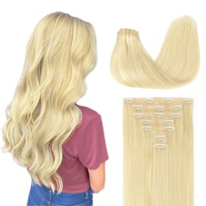 GOO GOO Clip in Hair Extensions Real Human Hair, Remy Human Hair Extensions Clip ins for Women, Natural Human Hair, 14inch 110g 7Pcs, 613R Bleach Blonde