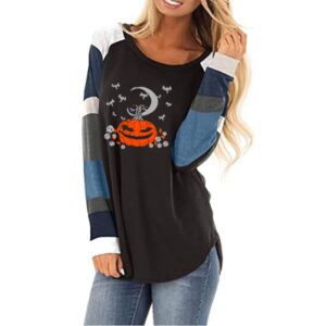 Women Long Sleeve Tunic Comfy Striped Pumpkin Printed Halloween Costumes Fashion Round Neck Color Block Blouse Tops Black
