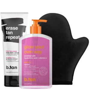 b.tan Clear Self Tanning Gel & Exfoliating Kit | Glow Your Own Way + Erase Tan Repeat Bundle – 1 Hour Express, Transfer-Resistant Dark Fake Tanner, 2-in-1 Exfoliator Scrub & Body Wash with Mitt