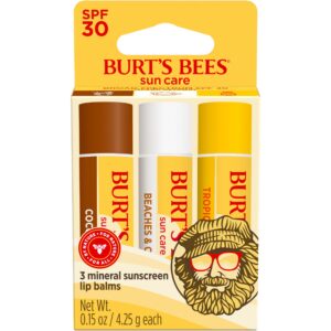 Burt’s Bees SPF 30 Lip Balm, Island Getaway – Coco Loco, Beaches & Cream, Tropic Like It’s Hot, Water-Resistant Sun Care, Natural Origin Lip Treatment, 3 Tubes, 0.15 oz