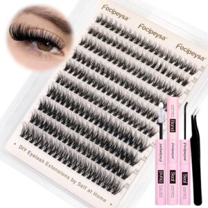 Focipeysa Fluffy Lash Clusters 50D Volume Eyelash Cluster CD Curl Lash Extension Kit Fluffy Eyelash Extensions Kit 10-16mm Lash Clusters Kit with Waterproof Lash Bond and Seal (50D Lash Kit 200pcs)