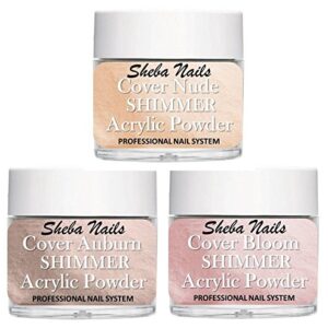 SHEBA NAILS Cover Concealer Acrylic Powder Variety Kit – Cover Shimmer Auburn> Cover Shimmer Bloom> and Cover Shimmer Nude 1/4oz.