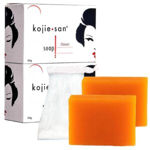 Kojie San Skin Brightening Soap – Original Kojic Acid that Reduces Dark Spots, Hyperpigmentation, & Scars with Exfoliating Soap Net Included – 65g x 2 Bars