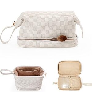EACHY Makeup Organizer Bag with Bottom Compartment, Large Capacity PU Leather Cosmetic Bag for Women, Waterproof Portable Make Up Brush Bag, Especially for traveling(C-White,Medium)