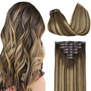 GOO GOO Clip in Hair Extensions Real Human Hair, Remy Human Hair Extensions Clip ins for Women, Natural Human Hair, 14inch 110g 7Pcs, 4/27/4 Balayage Chocolate Brown to Caramel Blonde