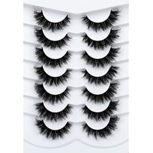 Poolunch False Eyelashes Cat Eye Fluffy Crossed Lashes 8D Volume Wispy Foxy Eye Lifting Look Faux Mink Fake Eyelashes 7 Pairs Pack