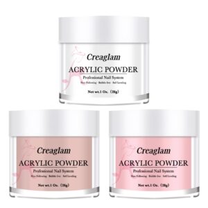 Creaglam Super Nail Acrylic Powder: 3 Pcs 28g Cover Pink Polymer for 3D Art Carving French Extension – Clear Dark Pink Professional – No Need Lamp