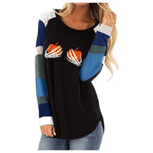 Women’s Halloween Long Sleeve Shirts Trendy Pumpkin Skeleton Print Pullover Tops Casual Round Neck Striped Blouse Black