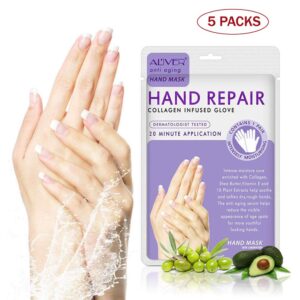 Moisturizing Gloves – Best Hydrating Hand Mask – Collagen Spa Treatment with Olive Oil – Moisturizer Healing Hands Mask for Women & Men Set of 5 Packs (5 IN 1)