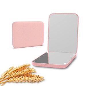 Kintion Wheat Straw Pocket Mirror, 1X/3X Magnification Travel Mirror for Purse, Lighted Plastic Fiber Mirror, Folding Handheld Mirror, Small Lighted Compact Mirror for Gift, Pink