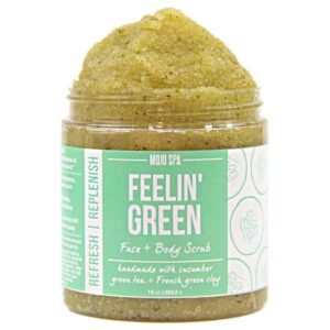 Mojo Spa Feelin Green Face and Body Scrub | Cucumber, Mint, Green Tea Scent | Detoxifying Sugar Based Exfoliator | 10 oz