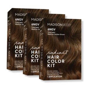 Madison Reed Radiant Hair Color Kit, Medium Golden Brown for 100% Gray Coverage, Ammonia-Free, 6NGV Tuscany Brown, Permanent Hair Dye, Pack of 3