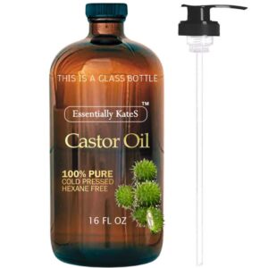 Essentially KateS Castor Oil 16 Fl Oz (Glass Bottle) – Original Unrefined – A Huge Glass Bottle with a Pump – 100% Pure and Natural, Cold Pressed, and Hexane-Free – Hair and Body