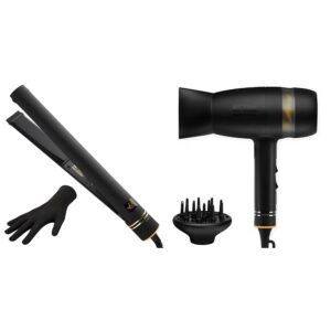 Hot Tools Evolve Black Gold 1 in Ionic Flat Iron and Quietair Power Dryer | Long-Lasting Finish for Hair Straightening & Zen Drying Experience