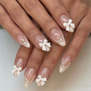 Almond Press on Nails Medium Fake Nails White French Tip False Nails with 3D Bow Charms Design Glue on Nails Pearl Full Cover Stick on Nails Elegant Artificial Nails for Women Manicure 24Pcs