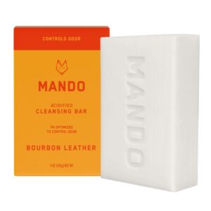 Mando Acidified Cleansing Bar – 24-Hour Odor Control – Removes Odor Better than Soap – Moisturizing Formula – SLS Free, Paraben Free – Safe For Sensitive Skin – Bourbon Leather
