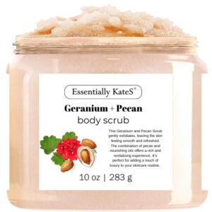 Geranium + Pecan Body & Foot Scrub 10 oz – a refreshing exfoliating experience, leaving your skin feeling smooth, soft, and revitalized – The best stocking stuffer.