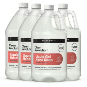 Clean Revolution Liquid Gel Hand Soap, Silky Rich Liquid, Quick Lather, Fast Rinsing, (Geramium Mint) 128 Fl Oz, 4 Pack – Made in USA