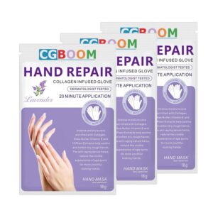 CGBOOM 3 Pairs Hand Masks Moisturizing Gloves> Hand Skin Repair Renew Mask Infused Collagen> Vitamins + Natural Plant Extracts for Dry> Aging> Cracked Hands (Lavender)