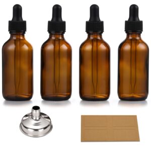 AOZITA Set of 4, 1 oz Eye Dropper Bottles with 1 Stainless Steel Funnels & 4 Labels – 30ml Thick Dark Amber Glass Tincture Bottles – Leakproof Essential Oils Bottle for Storage and Travel