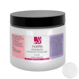 Nailite Odorless – Professional Acrylic Powder for Nail Extension System> Resistant> Long-Lasting> EMA Formula and Non-Yellowing Effect – Clear (16 Oz.)