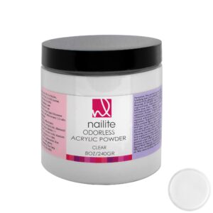 Nailite Odorless – Professional Acrylic Powder for Nail Extension System> Resistant> Long-Lasting> EMA Formula and Non-Yellowing Effect – Clear (8 Oz.)