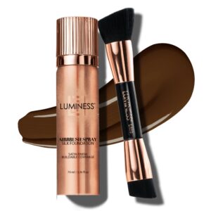 LUMINESS Silk Airbrush Spray Foundation & Buffing Brush Kit – Full Coverage Foundation & Dual-Sided Buffing Brush – Buildable Coverage, Anti-Aging Formula Hydrates & Moisturizes (Shade – Deep Rich)