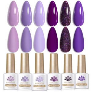 BORN PRETTY Purple Gel Nail Polish Set 6 Colors Lavender Purple Dark Purple Gliiter Nail Gel Kit Soak Off Nail Art Manicure Design Home Salon Holiday Gift