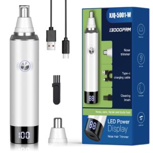 Ginity Ear & Nose Hair Trimmer with LED Display for Men Women,Painless USB Rechargeable Eyebrow & Facial & Nose Hair Trimmer Clipper,Professional IPX7 Waterproof Dual Edge Blades 12500 RPM (White)