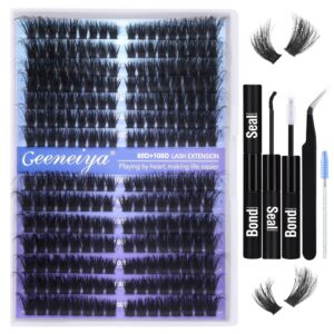 Pre-made Cat Eye Lash Extension Kit Lash Clusters Kit 9-16mm Wispy Cluster Eyelash Extension Kit 80D+100D Individual Eyelashes with Lash Bond and Seal, Lash Tweezers by Geeneiya