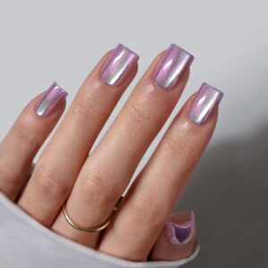 BTArtbox Press On Nails Short – Chrome Cat Eye Square Press On Nails with Glue for Women, Opaque Soft Gel Glue On Nails in 16 Sizes – 32 Stick On Nails Kit, Glass Ocean